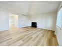 Spacious living room with wood-look flooring and fireplace at 4623 S Lowell Blvd, Denver, CO 80236