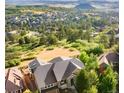 Breathtaking aerial view of a home nestled in a lush landscape with mountain views, offering serenity and privacy at 1975 Wild Star Way, Castle Rock, CO 80104