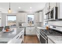 Modern kitchen with white cabinets, granite counters, stainless steel appliances, and hardwood floors at 10031 Town Ridge Ln, Lone Tree, CO 80124