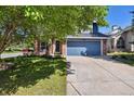 Two-story home with blue trim, a brick facade, and a green lawn in a picturesque suburban setting at 10291 Carrara Ter, Parker, CO 80134