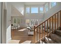 Bright living room featuring a modern staircase, wood floors, and lots of natural light at 5586 S Harlan St, Littleton, CO 80123