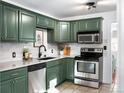 A kitchen view with green cabinets, stainless appliances, and plenty of natural light at 2610 Poplar St, Denver, CO 80207