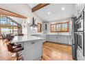 Modern kitchen features a center island, white cabinets, stainless steel appliances, and hardwood floors at 19 South Rd, Breckenridge, CO 80424