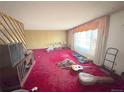 Spacious living room with patterned wallpaper, large window and red carpeting at 7345 E Hinsdale Pl, Centennial, CO 80112