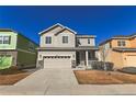 Charming two-story home featuring a two-car garage, covered entry, and neutral-colored siding under a clear blue sky at 3565 E 141St Dr, Thornton, CO 80602