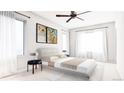 Bright bedroom with a ceiling fan, neutral tones, large windows with white curtains, and modern decor at 81 N Meade St, Denver, CO 80219