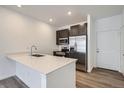 Modern kitchen featuring stainless steel appliances, white quartz countertop, and dark cabinetry at 1986 S Haleyville Way, Aurora, CO 80018