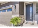 Close-up of the front door with modern details and stone accents, enhancing curb appeal at 16345 Spanish Peak Way, Broomfield, CO 80023