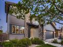 Side view of a two-story home featuring stone accents, gray siding, and well-maintained landscaping at 10968 Pastel Pt, Parker, CO 80134