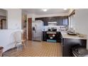 Kitchen with black cabinetry, stainless steel appliances, and a window at 1123 S Biscay St, Aurora, CO 80017