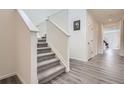 Hallway and staircase with carpeted steps, gray laminate flooring, and white trim at 4903 Basalt Ridge Cir, Castle Rock, CO 80108