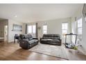 Spacious living room with hardwood floors, large windows, and contemporary furniture and decor at 608 N Bersshine Ct, Watkins, CO 80137
