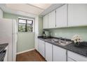 Functional kitchen space with stainless steel sink, white cabinets, dark countertops, and a view to the outside at 4681 S Decatur St # 327, Englewood, CO 80110