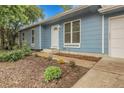 Blue single-story home with small garden, walkway and gravel landscaping creates a welcoming approach at 3224 S Dudley St, Lakewood, CO 80227