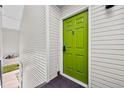 Close-up of a vibrant green front door with modern hardware and neutral siding at 1150 Inca St # 25, Denver, CO 80204