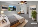 Bright bedroom features neutral decor, soft carpet, a ceiling fan, and ample natural light at 12550 Eastlake Dr, Thornton, CO 80241