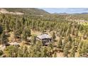 Aerial view of a luxurious home surrounded by beautiful trees and mountain views in the background at 20496 Stonewood Trl, Morrison, CO 80465