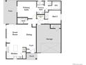 Floor plan showing the layout of the great room, kitchen, bedrooms, and garage of the home at 21897 E 51St Dr, Aurora, CO 80019
