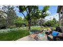 Outdoor patio with seating area under a shady tree, perfect for enjoying the garden and outdoor living at 6584 S Sedalia St, Aurora, CO 80016