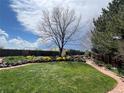 Landscaped backyard featuring a mature tree, flowerbeds, green grass, a wooden fence, and a brick pathway at 12408 W 83Rd Ave, Arvada, CO 80005