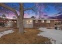 Brick home's backyard view, showing a large tree and snowy yard at 12008 W Mexico Pl, Lakewood, CO 80228