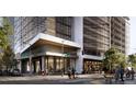 Modern building entrance featuring architectural overhang, street-side pedestrian traffic, and upscale retail and restaurant space at 525 18Th St # 1104, Denver, CO 80202