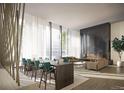Bright lounge area with soaring ceilings, modern fireplace, and comfortable seating at 525 18Th St # 1104, Denver, CO 80202