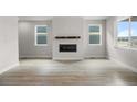 Bright and airy living room features hardwood floors and a sleek fireplace at 4543 Cholla Trl, Castle Rock, CO 80104