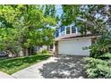 Beautiful blue home with a spacious driveway, mature trees, and a welcoming front lawn at 9682 Hemlock Ct, Highlands Ranch, CO 80130