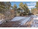 Snow covered driveway leading to a home with an attached garage amidst a wooded landscape at 9142 Warriors Mark Dr, Franktown, CO 80116