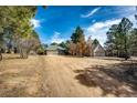 Residential property with a long driveway and a detached two-car garage and abundant foliage at 36635 View Ridge Dr, Elizabeth, CO 80107