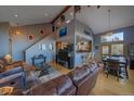Open concept living room with hardwood floors, and a shark painting at 11222 Conifer Mountain Rd, Conifer, CO 80433
