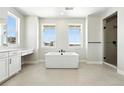 Clean bathroom design featuring a modern tub, walk-in shower with a window, and a vanity area at 1672 Fox Trotter Pt, Castle Rock, CO 80104