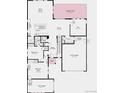 Floorplan illustrating layout of main floor with kitchen, great room, dining area, flex space, multi-gen suite, and two car garage at 1672 Fox Trotter Pt, Castle Rock, CO 80104