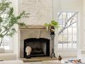 A detailed view of the fireplace with stone surround, unique mantle artwork, and decorative elements at 5700 S Steele St, Greenwood Village, CO 80121