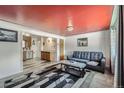 Cozy living room featuring a modern rug, gray sofa, and a unique red ceiling with stylish lighting at 1328 S Zuni St, Denver, CO 80223