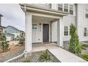 Covered front porch with gray door, manicured landscaping, and modern exterior details at 8822 Fraser River Loop, Littleton, CO 80125