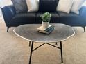 Cozy living room featuring a black sofa, accent pillows, and a modern coffee table with decor at 1496 S Pierson St # 116, Denver, CO 80232