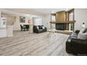 Open concept living room featuring a fireplace and wood-look flooring at 5293 Malaya St, Denver, CO 80249