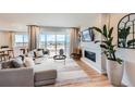 Bright living room boasts a modern fireplace, hardwood floors, and sliding glass doors to the backyard at 3625 Silver Rock Cir, Castle Rock, CO 80104