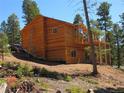 View of a two-story home with wood siding, ladder access, and surrounding trees on a hillside at 10178 Hutch Ln, Conifer, CO 80433