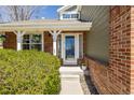Close-up of a front porch with brick accents, a glass-paneled door, hanging plants, and well-maintained shrubs at 10856 Parker Vista Ln, Parker, CO 80138