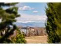 Exterior view through trees showcases a blue townhome with mountain views in the distance at 3661 S Perth Cir # 6-101, Aurora, CO 80013