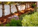 Landscaped backyard featuring mature trees, mulch, green foliage, and a decorative boulder at 3231 Oak St, Wheat Ridge, CO 80033
