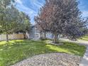 Landscaped front yard featuring a blue home exterior with mature trees, rocks, and green lawn at 17284 E Hawksbead Dr, Parker, CO 80134