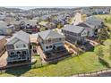 Expansive aerial view showcases the home's backyard with a patio, mature trees, and the surrounding neighborhood at 3727 Starry Night Loop, Castle Rock, CO 80109