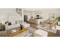 Open concept kitchen and dining area with modern appliances and island at 2243 Crosswind St, Fort Lupton, CO 80621