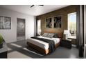 Stylish main bedroom with brick accent wall, modern lighting, and a sleek ensuite bathroom at 1950 Grayside Cir, Castle Rock, CO 80109