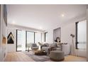 Bright and airy living room features contemporary furnishings, light hardwood floors and large windows with scenic views at 2145 High St, Denver, CO 80205
