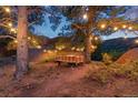 A beautifully set outdoor dining table with string lights between trees for idyllic scenery at 6619 Apache Pl, Larkspur, CO 80118